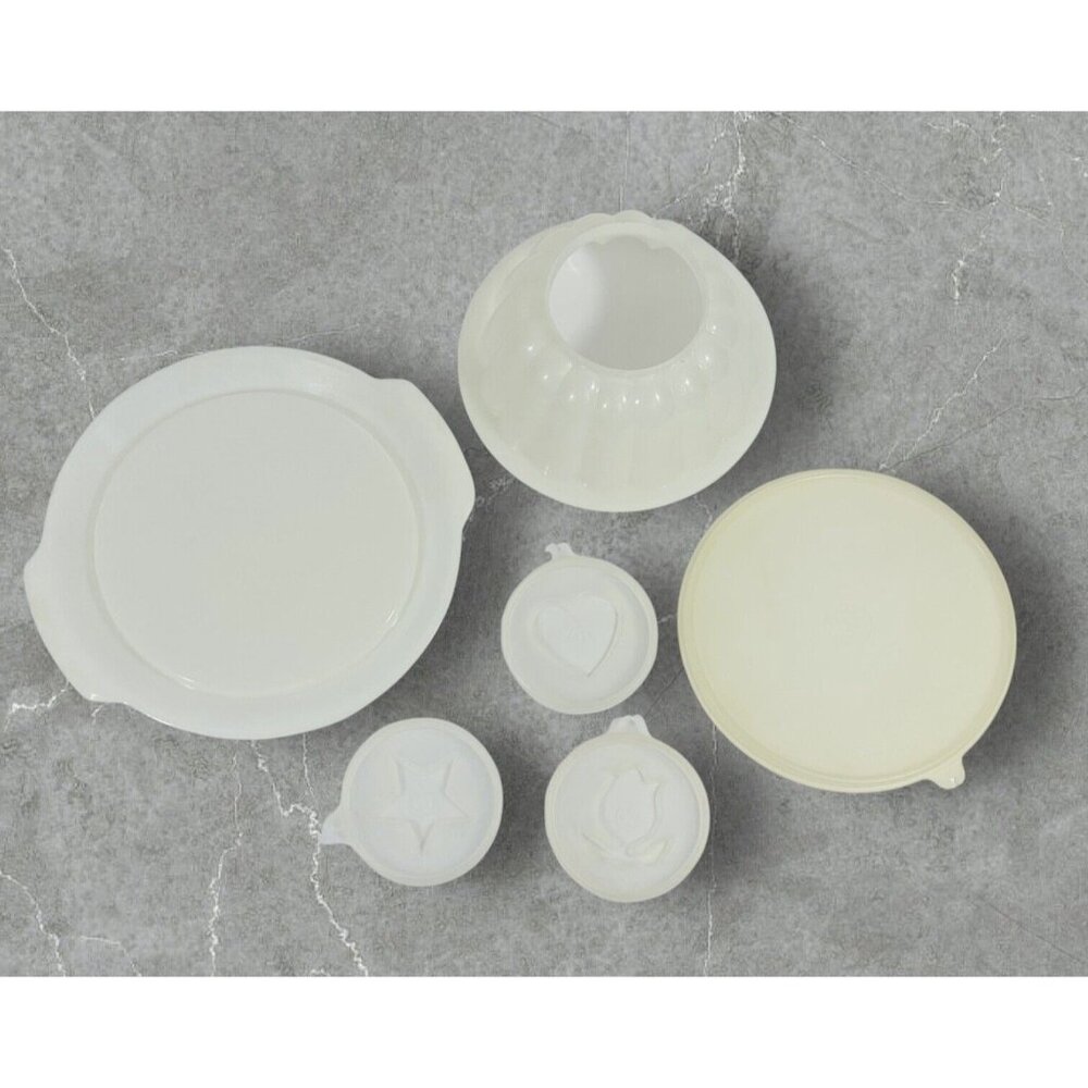 Tupperware Jello Mold Jel-N-Serv Set Heart Tulip Flower Star & Plate Dessert Vtg